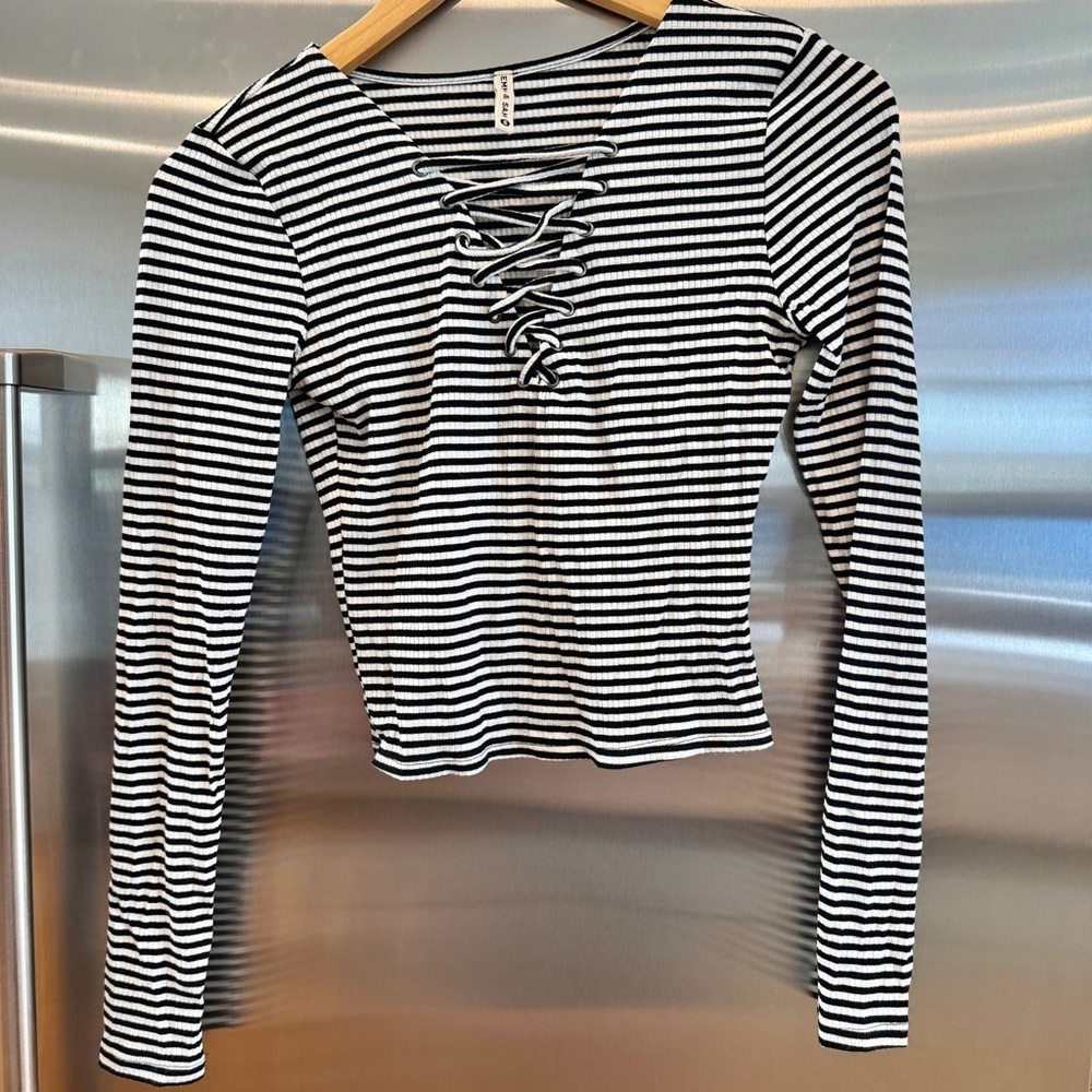 LF Emma and Sam Black White Striped Ribbed Long Sleeve Top with lace up front